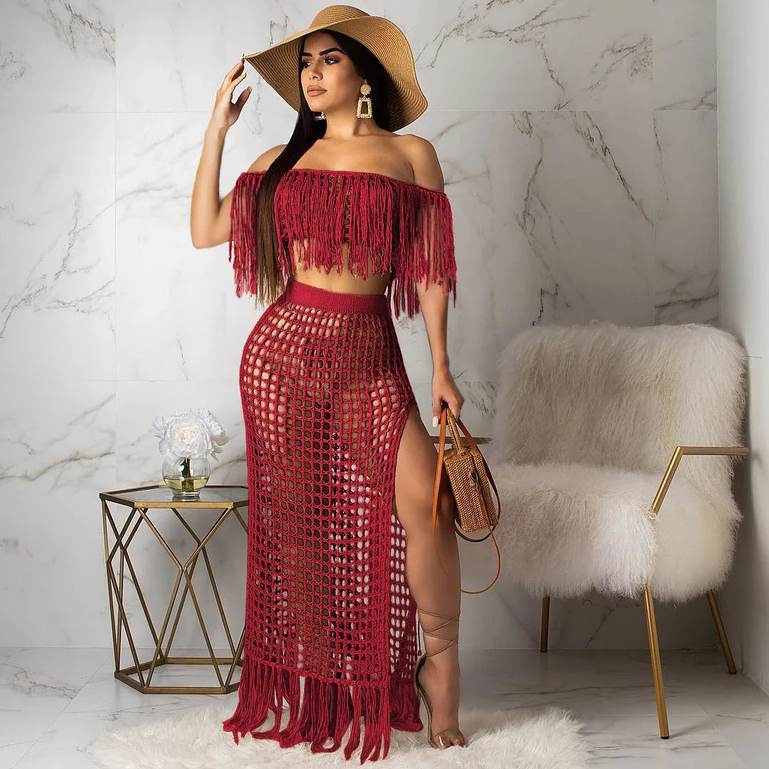 Elegant handcrafted off-shoulder beach skirt set with tassel accents in black, white, and rose red colours