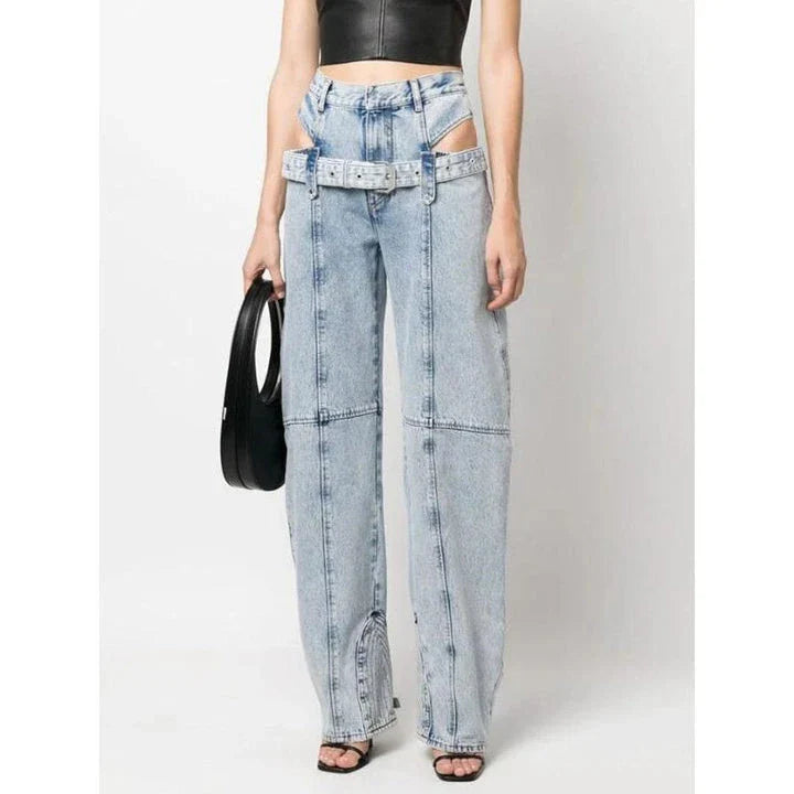 High-waist denim trousers with chic cutout design, perfect for British fashion enthusiasts