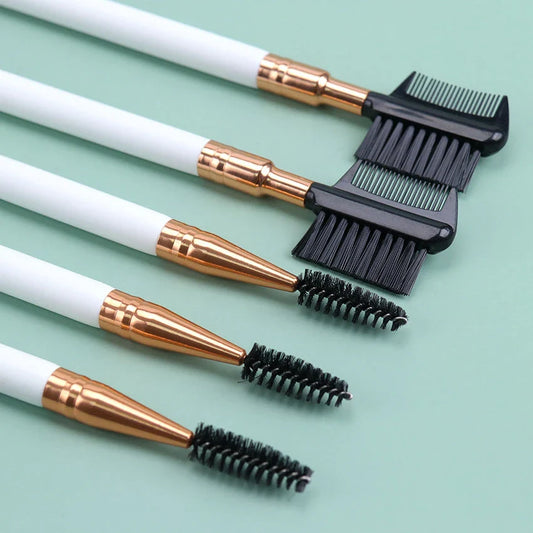 Premium dual-ended eyebrow and eyelash grooming brush with wooden handle and nylon bristles