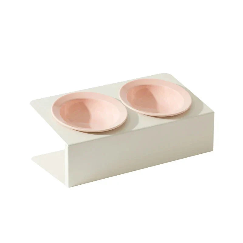 Stylish elevated ceramic pet bowls with an iron stand, designed for both cats and small dogs.