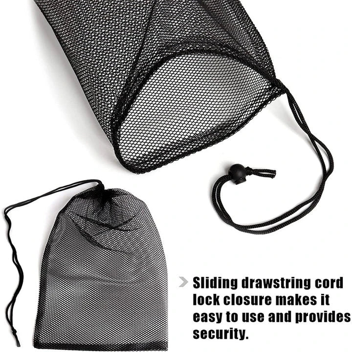 Multipurpose nylon mesh drawstring storage bag in two sizes for organising sports gear, laundry, and more