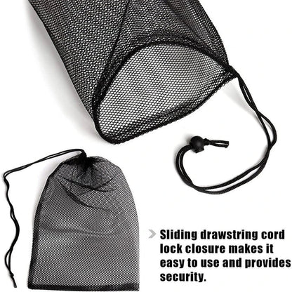Multipurpose nylon mesh drawstring storage bag in two sizes for organising sports gear, laundry, and more