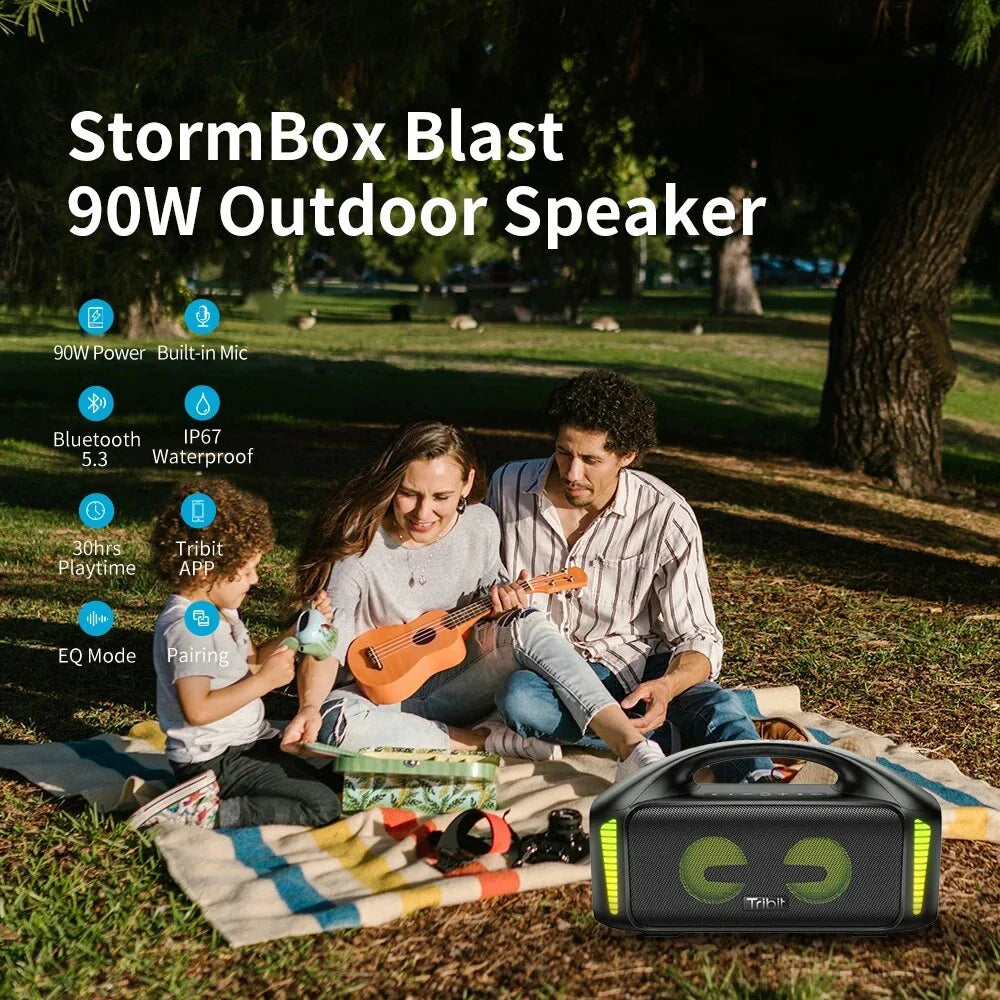 Premium 90W outdoor Bluetooth speaker with powerful sound, 30-hour playtime, and mesmerizing LED lights
