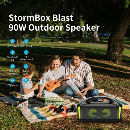 Premium 90W outdoor Bluetooth speaker with powerful sound, 30-hour playtime, and mesmerizing LED lights