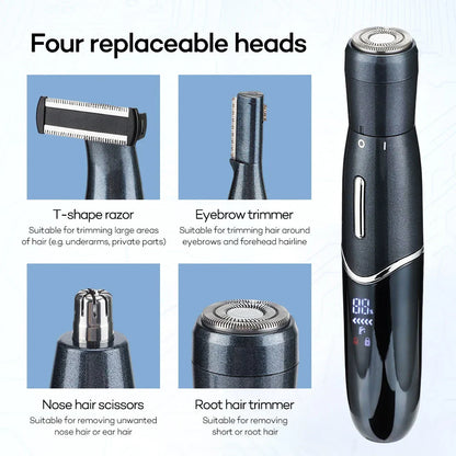 4-in-1 Rechargeable Electric Shaver for Men and Women, featuring premium materials, efficient hair removal, and smart charging capabilities
