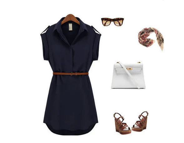 Women's V-Neck Chiffon Mini Dress in Khaki and Navy Blue with Short Sleeves and Cinched Waist