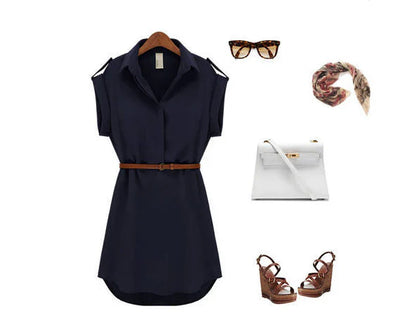 Women's V-Neck Chiffon Mini Dress in Khaki and Navy Blue with Short Sleeves and Cinched Waist