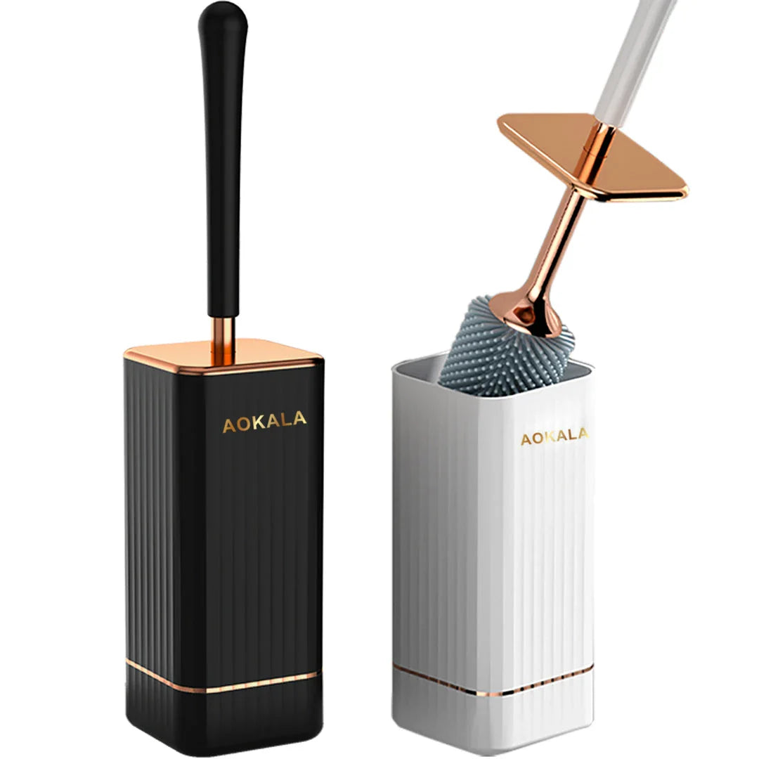 Premium silicone toilet brush and holder set in black and white with rose gold accents, designed for effortless bathroom cleaning and elegant decor
