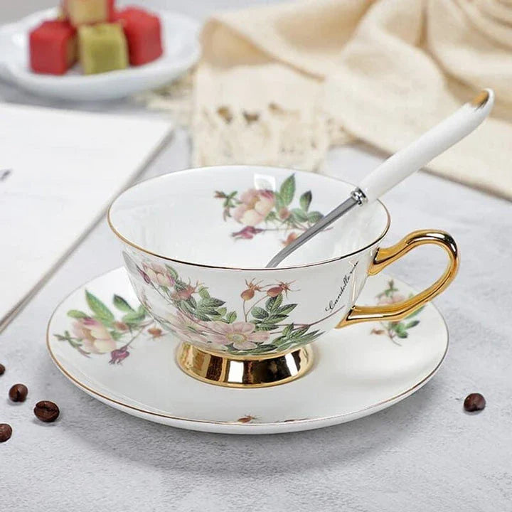 Charming floral porcelain tea set with cup, saucer, and spoon in a variety of delicate colour options