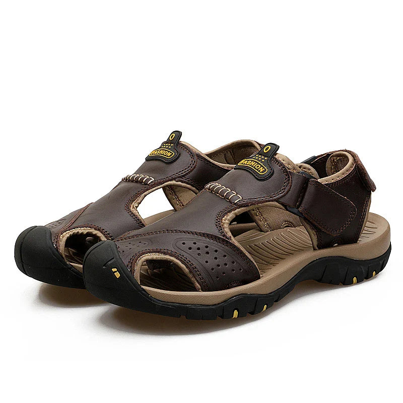 Premium split leather casual sandals with flexible rubber sole and MD cushioning for all-day comfort and style