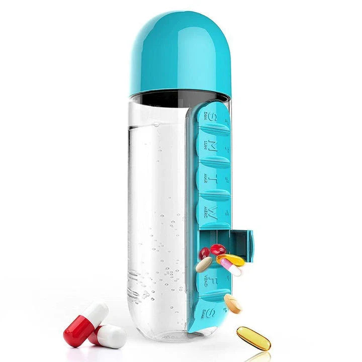600ml Premium Plastic Water Bottle with Daily Pill Organiser - Durable, Leak-Proof Design with Integrated Supplement Storage
