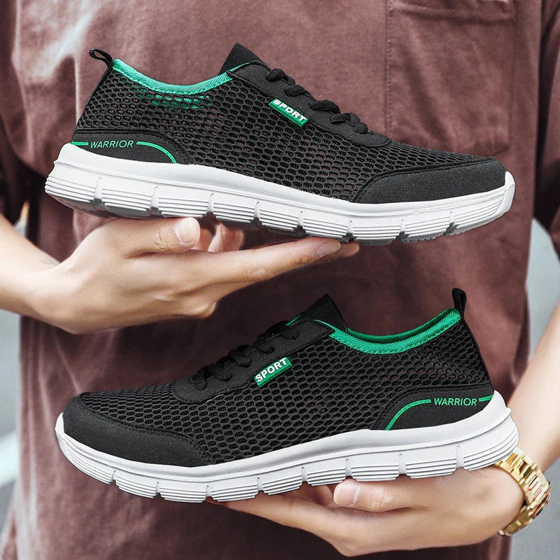 Breathable men's sports shoes with mesh design, available in blue, black, and gray colours