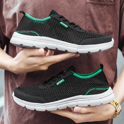 Breathable men's sports shoes with mesh design, available in blue, black, and gray colours