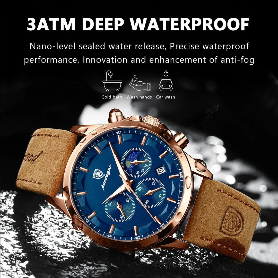 Premium Quartz Chronograph Sports Watch with stainless steel case, luminous hands, and adjustable leather strap