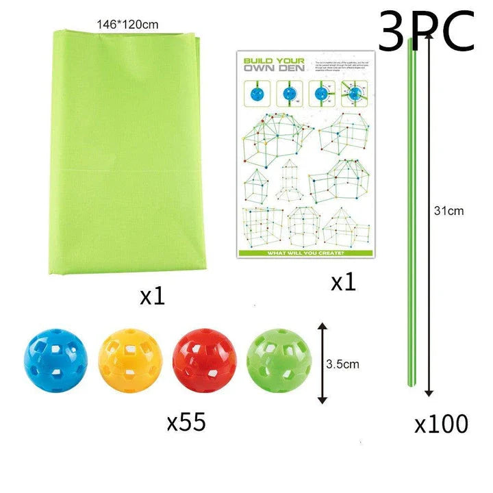 Children's DIY bead tent fort building kit with plastic balls and tubes for creative play and imagination development