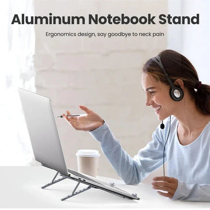 Adjustable and foldable aluminium laptop stand with 5 height levels, cooling design, and skidproof silicone platform