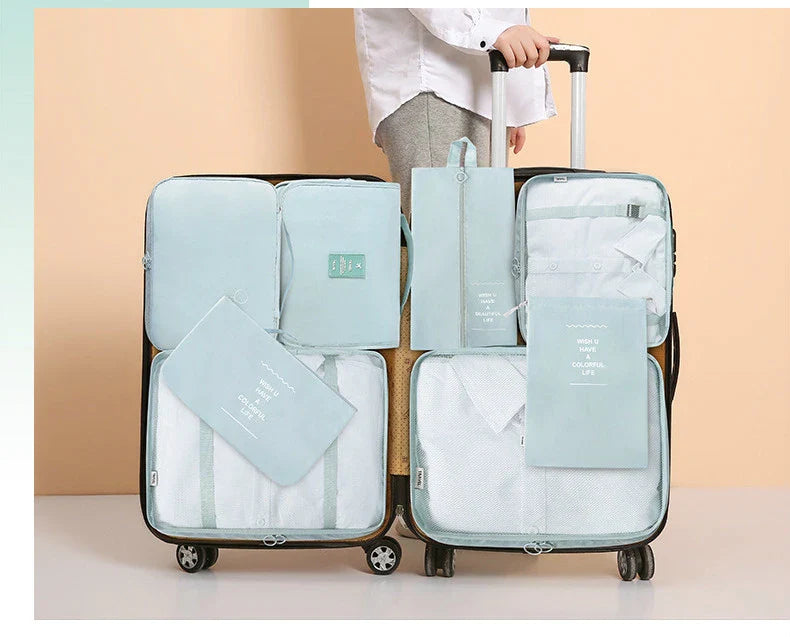 Premium 8-piece luggage organiser set made of durable, water-resistant nylon for effortless travel packing