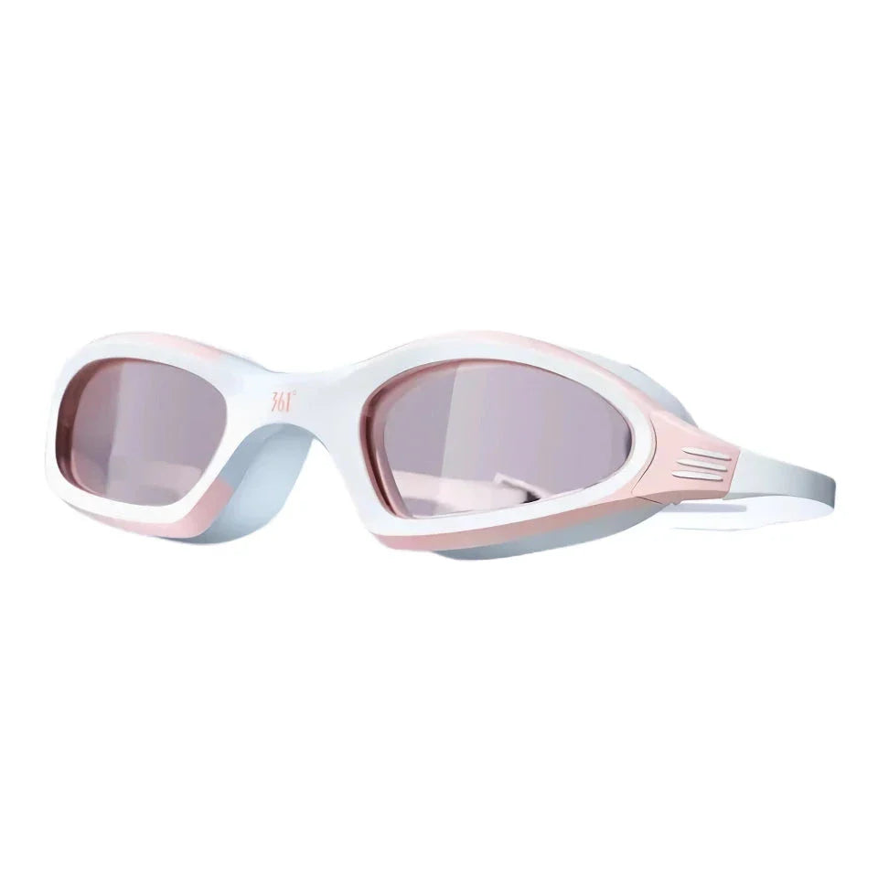 A pair of high-performance anti-fog, waterproof swimming goggles with polycarbonate lenses and a flexible silicone frame, designed for optimal clarity and comfort during swimming activities.