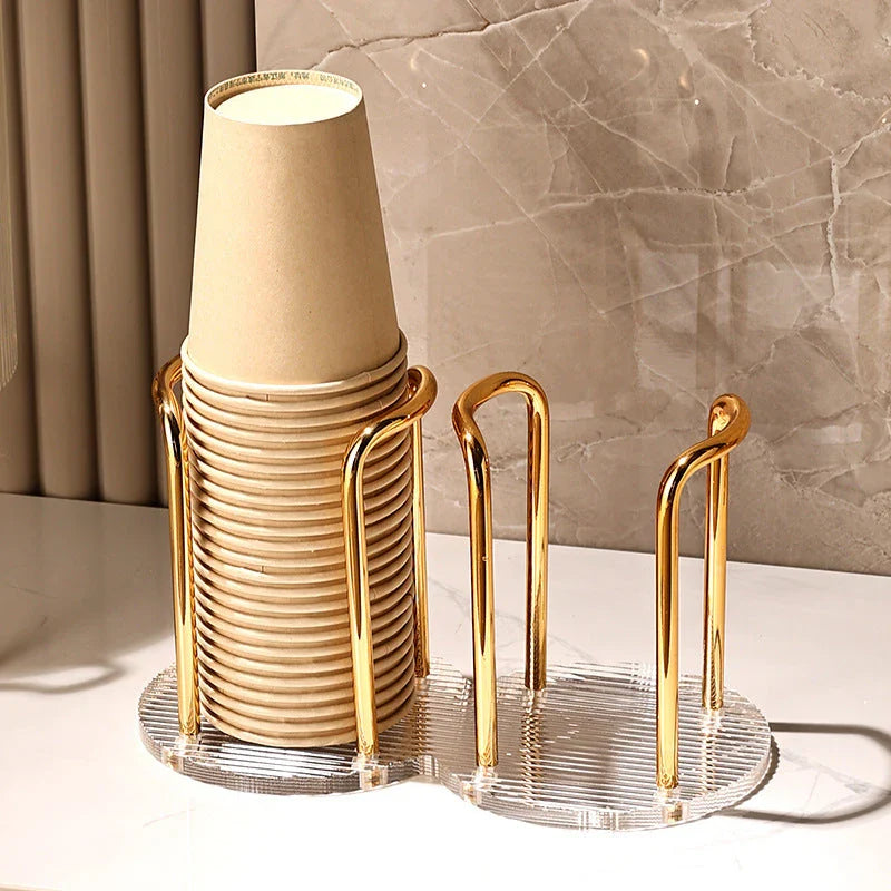 Elegant gold and silver disposable cup organiser with longer stand, designed for easy access and a sophisticated look in homes, offices, and cafes.