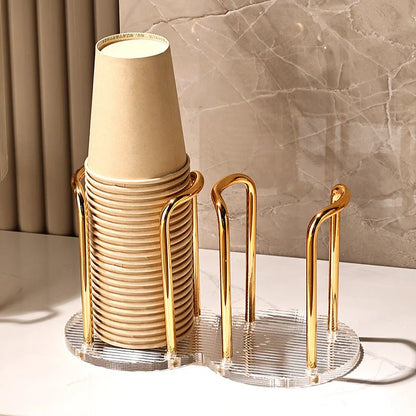 Elegant gold and silver disposable cup organiser with longer stand, designed for easy access and a sophisticated look in homes, offices, and cafes.