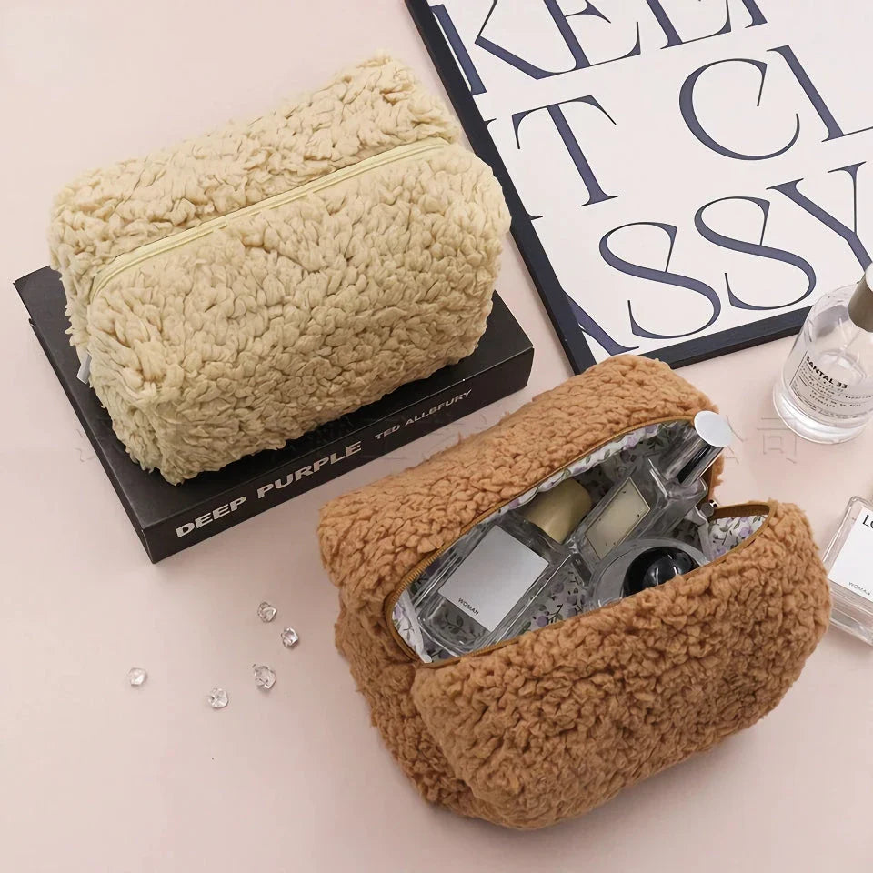 Plush lambswool exterior of the Luxurious Lambswool Multi-Purpose Cosmetic Bag in Khaki colour, with a robust zipper closure and spacious interior for organising makeup and other essentials.