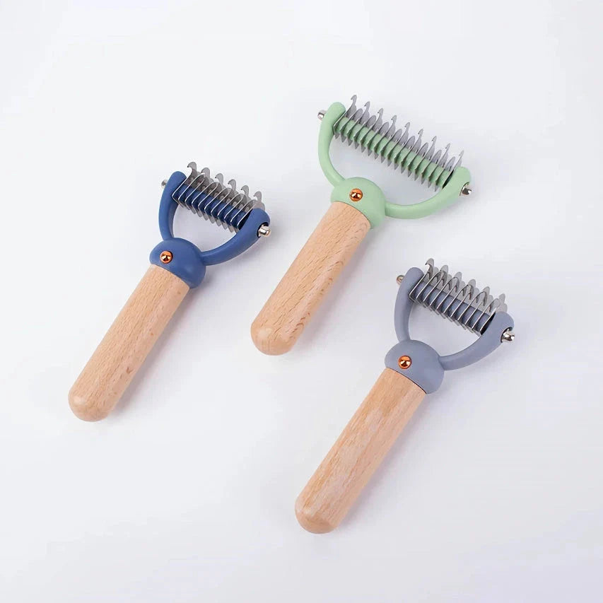 Double-sided pet hair comb with stainless steel blades and ergonomic wooden handle for effective grooming