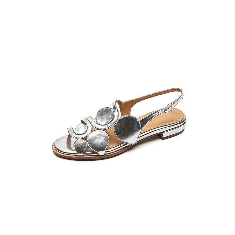 Chic sheepskin round toe sandals with a chunky heel and hollow out design, featuring a secure back strap and a modern, versatile style