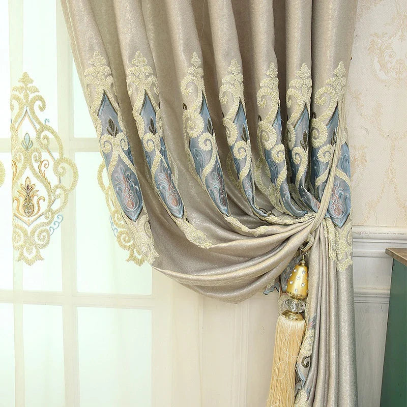 Elegant European-style embroidered mesh curtains in beige and grey shades, providing high sun protection and a modern, minimalist design.