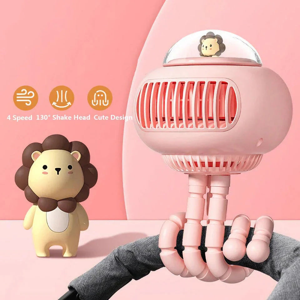 Stylish cartoon portable safe stroller fan with bladeless design and 130-degree automatic rotation for customisable cooling