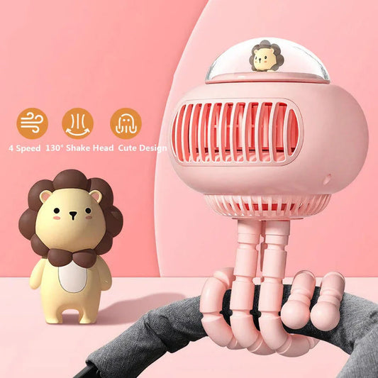 Stylish cartoon portable safe stroller fan with bladeless design and 130-degree automatic rotation for customisable cooling