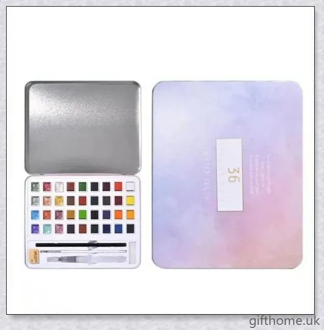 A set of vibrant watercolour paints with a glittering, iridescent effect, including brushes, a palette, and paper for a complete painting experience.
