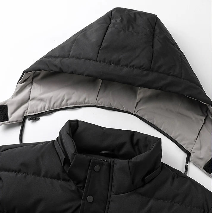 Warm and versatile fleece-lined cotton jacket for men in various classic colours, featuring a detachable hood for added protection against the elements.