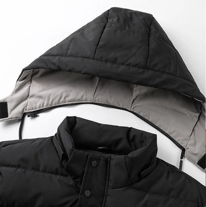 Warm and versatile fleece-lined cotton jacket for men in various classic colours, featuring a detachable hood for added protection against the elements.