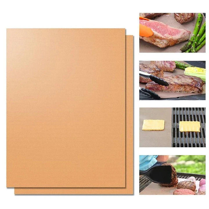 Premium heat-resistant Teflon BBQ grill mat in black, copper, and gold colours