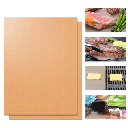 Premium heat-resistant Teflon BBQ grill mat in black, copper, and gold colours