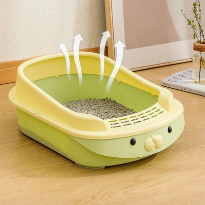 Oversized semi-enclosed cat litter box in Haze Blue colour, featuring high sides and covered top for enhanced privacy and litter containment