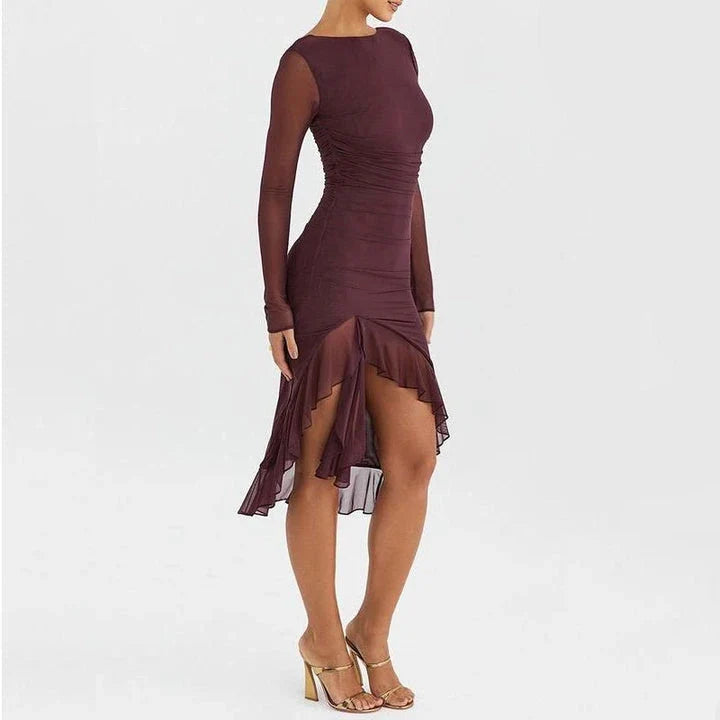 Elegant Ruffled and Ruched Mini Dress in Wine Red with a backless, ruffled, and ruched design for a stylish statement