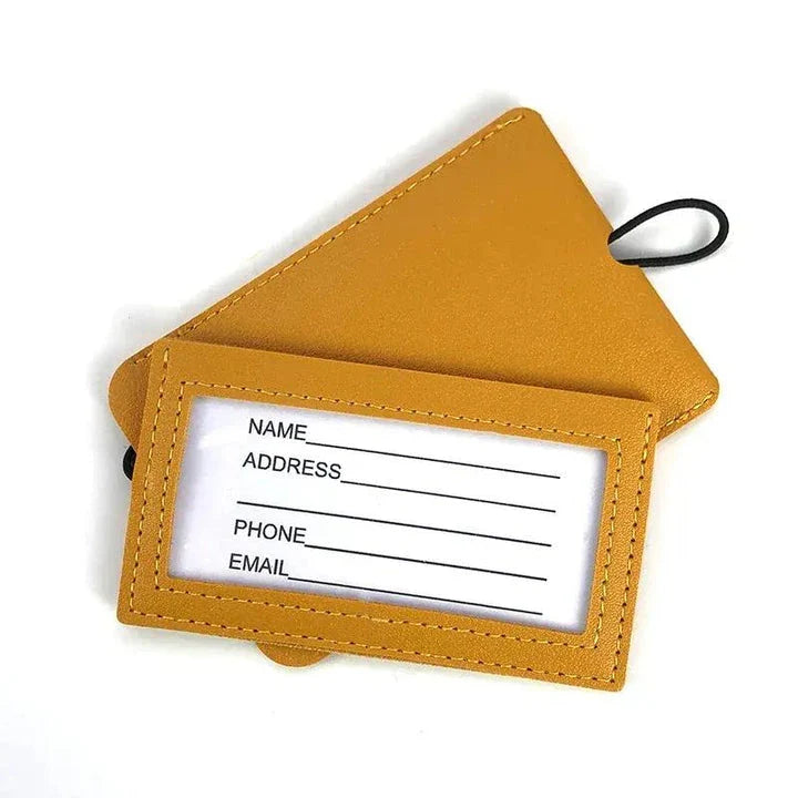 Premium PU leather luggage tags in a vibrant gray colour, with a discreet pull-out information card for easy customization.