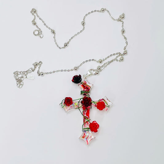 Miaoke Handmade S925 Sterling Silver Cross Necklace with Captivating Rose Pendant