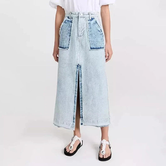 A stylish denim skirt with a split colour patchwork design, crafted from high-quality cotton for comfort and durability.