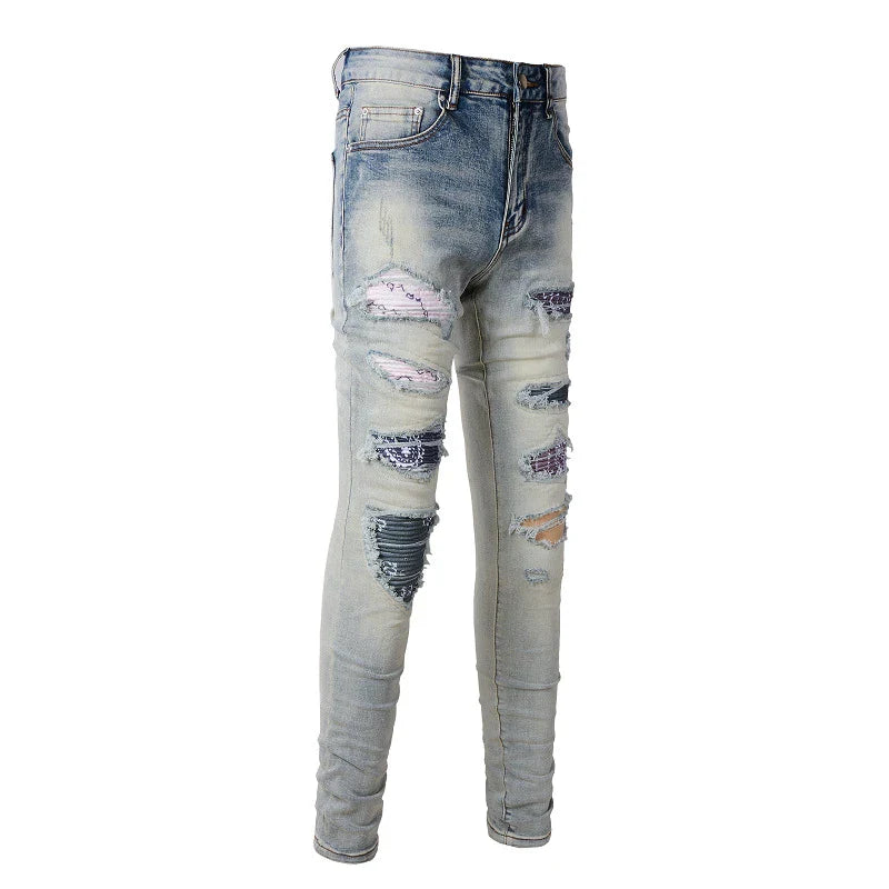 Stylish distressed denim jeans with a skinny, knee-exposed silhouette for a contemporary, high-street fashion look