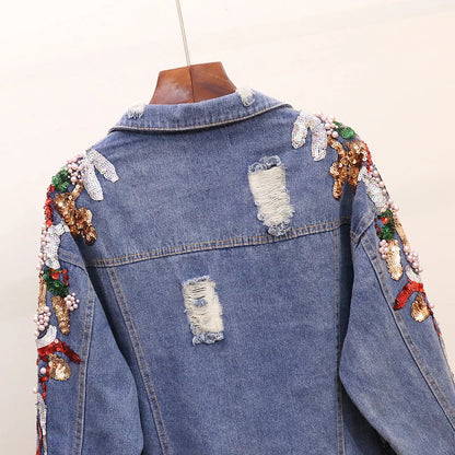 Premium embroidered denim jacket with slimming beaded sequins in a relaxed, flattering fit