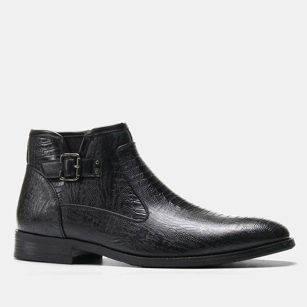 Premium men's formal Chelsea boots in brown, featuring a round toe, low wedge heel, and side zipper closure for a polished, office-ready look