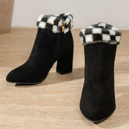 Premium plaid print ankle boots with a cosy lining, sturdy square heel, and versatile design for stylish winter wear
