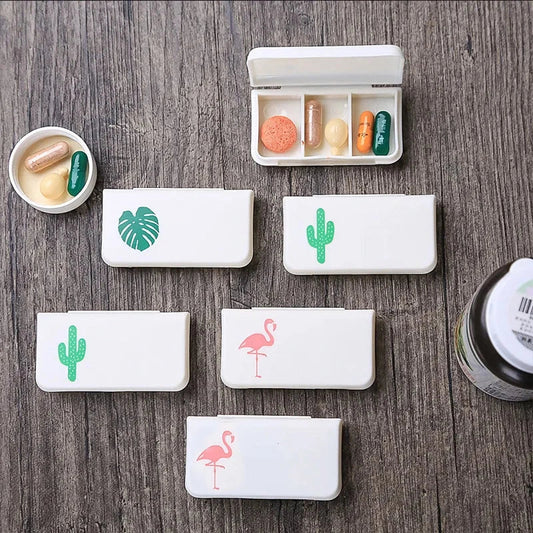 Compact and stylish 3-compartment pill organiser for travelling, made from durable, eco-friendly plastic