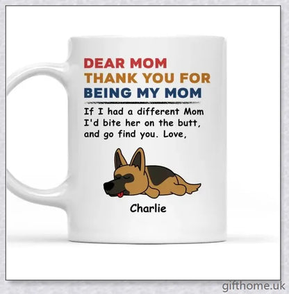 Personalized custom coffee mug with a playful and unique design, perfect for pet lovers and those with a quirky sense of humour.