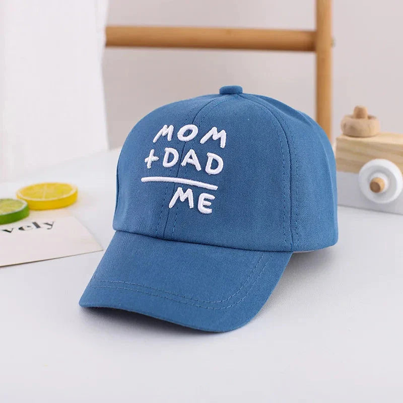 Adjustable cotton sun hat for kids with 'MOM+DAD=ME' embroidery, offering UV protection and breathable comfort