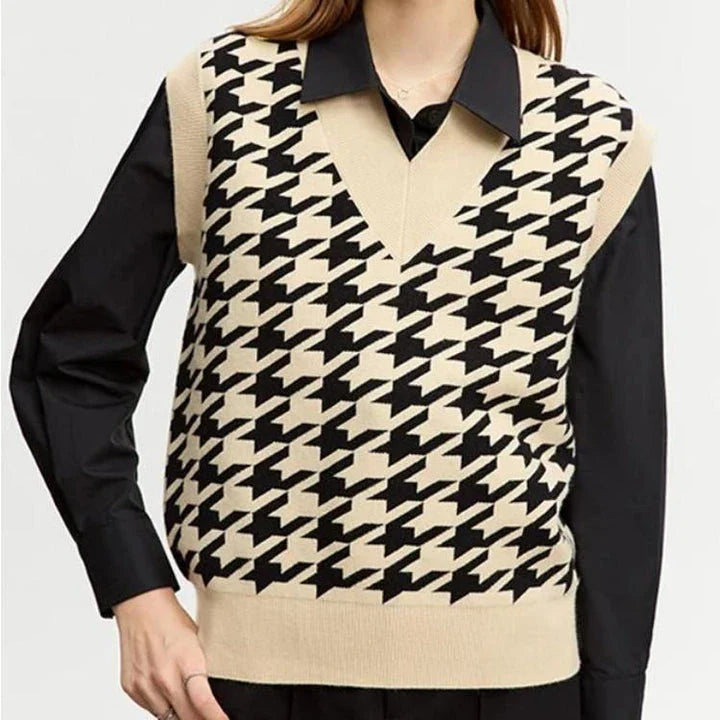 Sophisticated autumn plaid knitted waistcoat with intricate pattern and modern design for the modern British woman