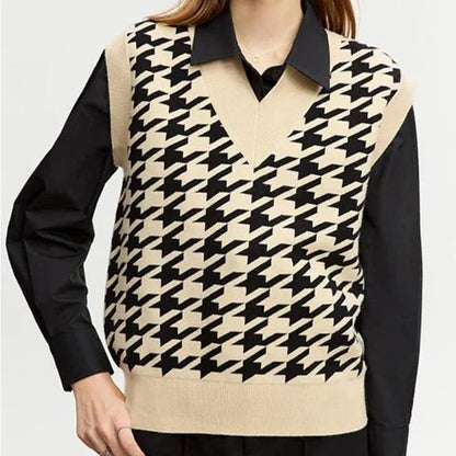 Sophisticated autumn plaid knitted waistcoat with intricate pattern and modern design for the modern British woman