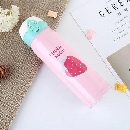 Premium stainless steel vacuum insulated thermos bottle with vibrant fruit print design, perfect for keeping children's drinks hot or cold.